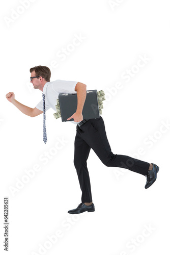 Digital png photo of caucasian businessman running with suitcase on transparent background