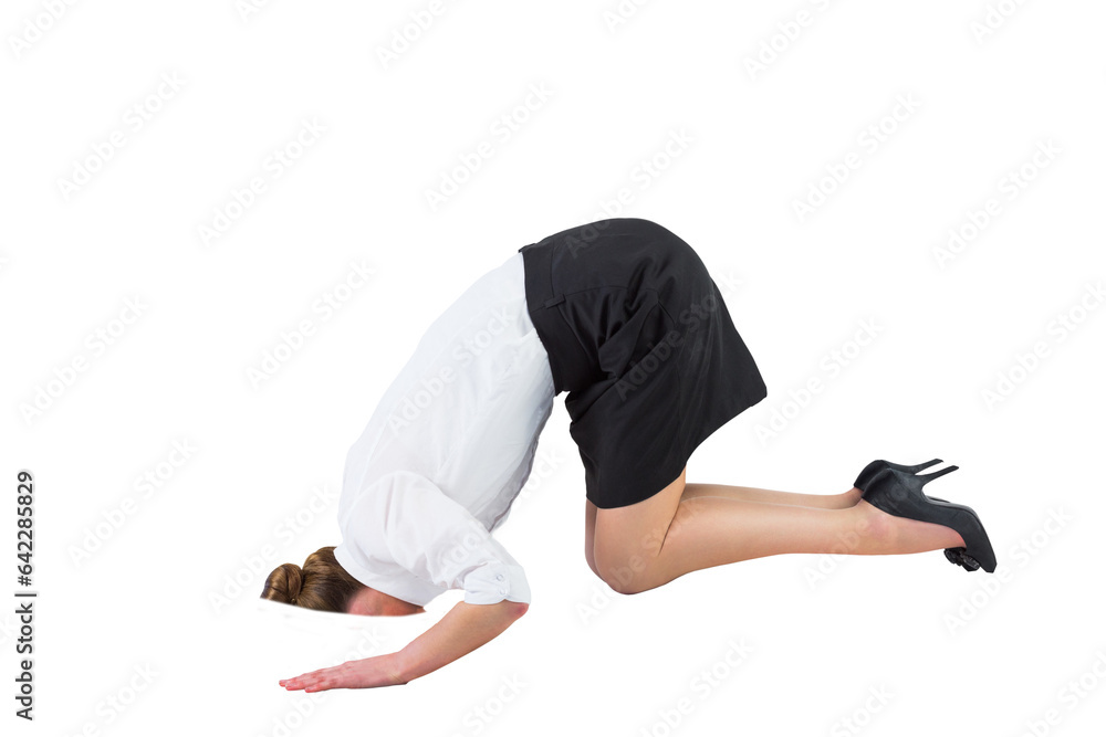 Digital png photo of caucasian businesswoman kneeling with head in hole on transparent background Digital png photo of caucasian businesswoman kneeling with head in hole on transparent background