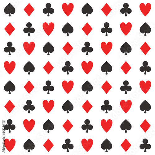 Simple poker repeat pattern, vector seamless casino background with card suits, clubs, hearts, spades and diamonds
