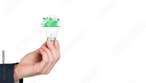 Digital png illustration of caucasian man holding green globe in lightbulb on transparent background