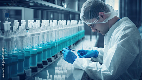 Lab technician looking at medical vials
