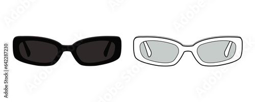 Rectangle sunglasses vector template. Sunglasses Drawing, glasses, template, black, silhouette. front view, unisex. black and white color. CAD mockup.