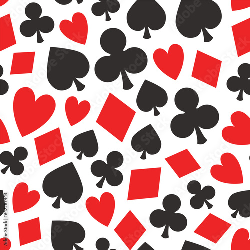 Poker card pattern, vector seamless casino background with card suits, clubs, hearts, spades and diamonds