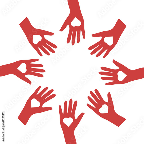 Digital png illustration of circle of red handswith transparent hearts on transparent background photo
