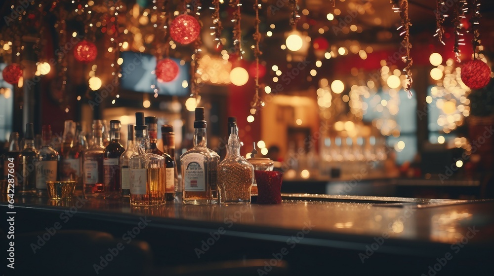 interior of bar restaurant with xmas christmas lights generative art