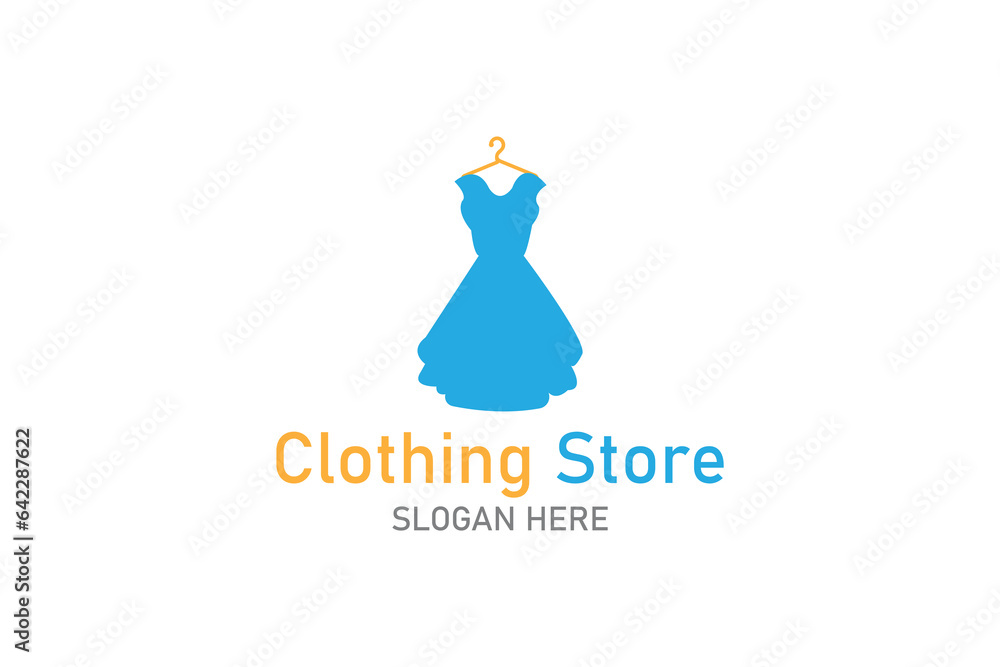 Clothing store logo design vector. Blue dress on Hanger logo. Clothing store logo design vector. Blue dress on Hanger logo.