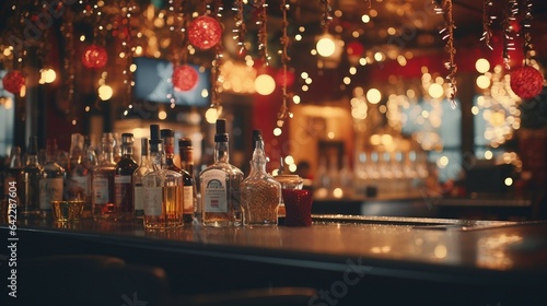 interior of bar restaurant with xmas christmas lights generative art