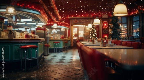interior of retro fast food restaurant with xmas christmas lights generative art