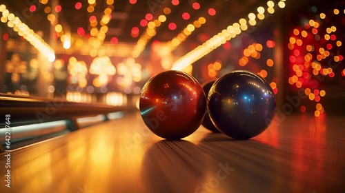 bowling ball and pins on the table with xmas christmas lights generative art