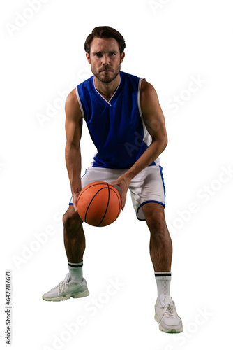 Digital png photo of caucasian man playng basketball on transparent background