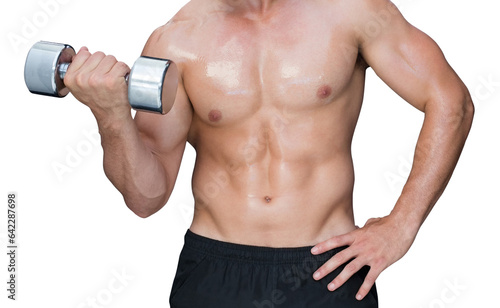 Digital png photo of caucasian man holding dumbbell on transparent background