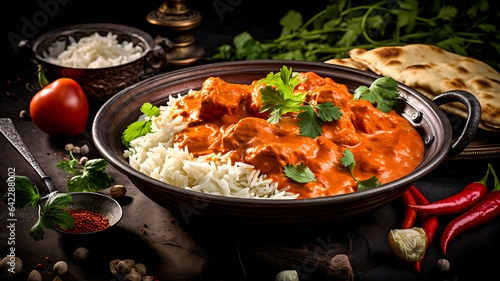 Chicken Tikka Masala  with tender chunks of marinated chicken in a rich tomato-based sauce  served alongside fragrant basmati rice