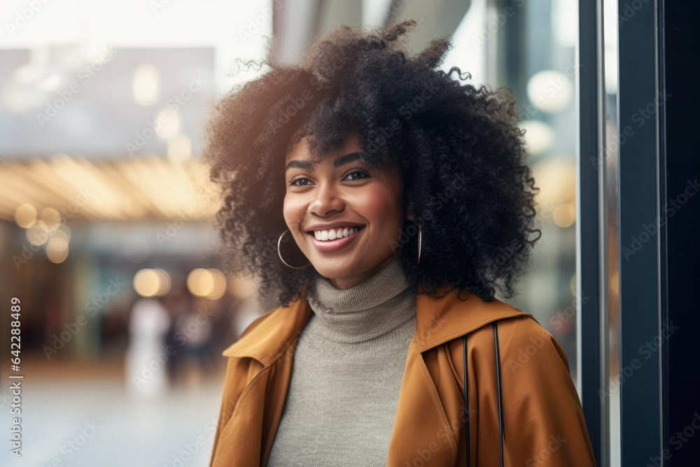 Young African American Woman with curly hair standing in front of a shop Young African American Woman with curly hair standing in front of a shop