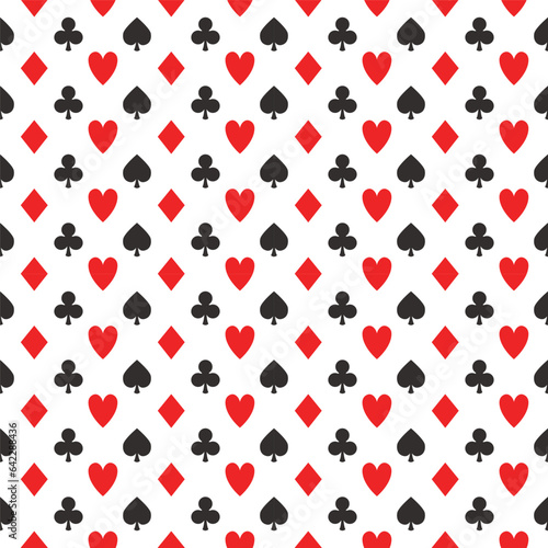 Simple poker pattern, vector seamless casino background with card suits, clubs, hearts, spades and diamonds