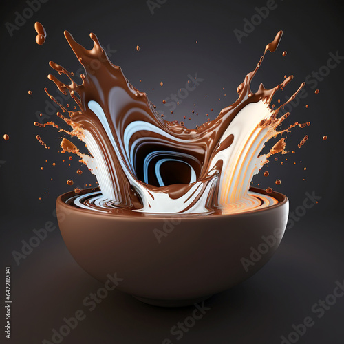 Milk, chocolate, milkshake, coffee, cacao splash. Hot chocolate with milk swirl pouring and splashing in the bowl.