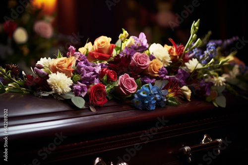 Flowers on the coffin. Generative AI