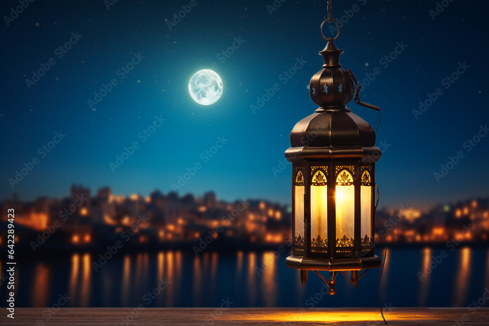 An oriental lamp in the night with a moon and stars in background An oriental lamp in the night with a moon and stars in background