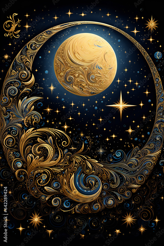 Abstract stylized moon and stars, conceptual cosmic landscape