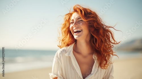 happiness joyful carefree leisure female woman red hair smiling relax enjoy summertime walking along the beach sunset vacation moment at the beach