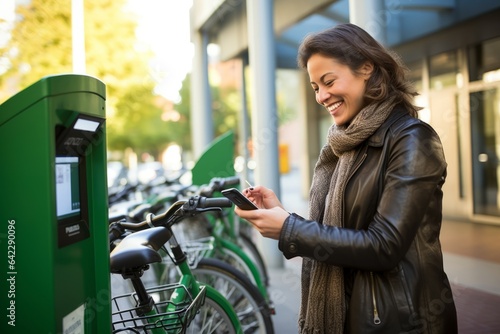 Woman renting electric bicycle through smart phone at parking station,Young Beautiful Woman With Smartphone Renting Bicycle From Bike Share Service In The City