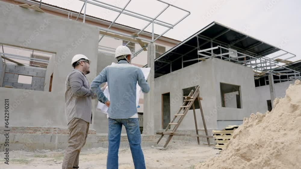 Architects and engineers building houses wearing hard hats standing at the construction site Look at the blueprint of the house. Plan to get work done faster. cooperation of multiethnic people Architects and engineers building houses wearing hard hats standing at the construction site Look at the blueprint of the house. Plan to get work done faster. cooperation of multiethnic people