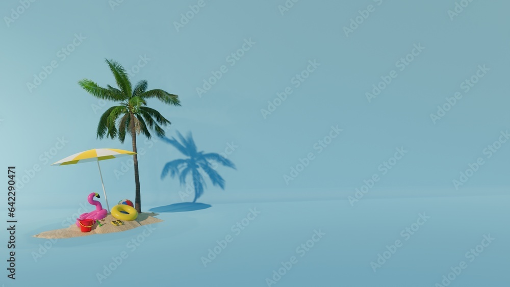 Travel and vacation background. 3D illustration with beautiful blue ocean and island background.background summer design with blank space for text.
