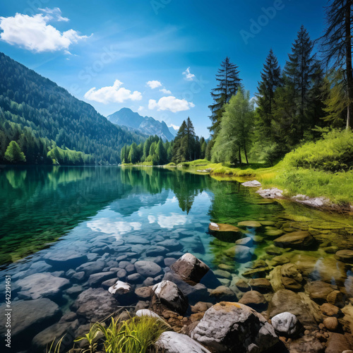 A serene and tranquil scene of a beautiful natural landscape, featuring a calm lake surrounded by lush greenery and majestic mountains in the background.