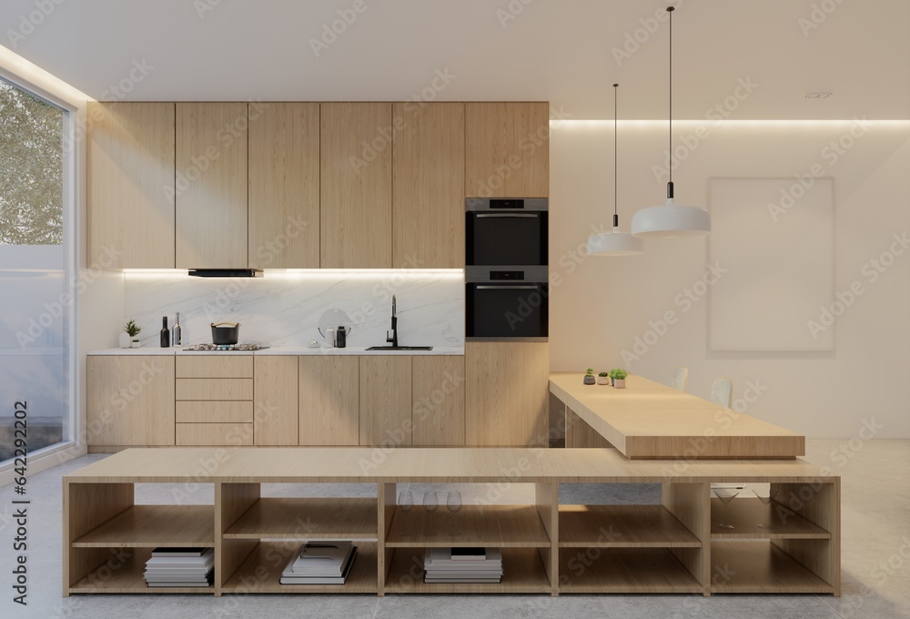 Animated Minimal wooden kitchen and dining table. 3D illustration rendering Animated Minimal wooden kitchen and dining table. 3D illustration rendering