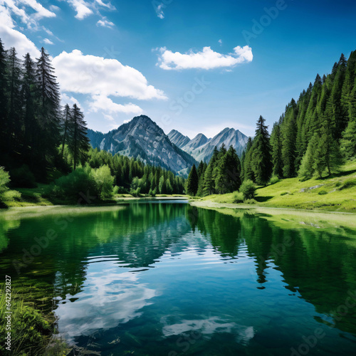 A serene and tranquil scene of a beautiful natural landscape, featuring a calm lake surrounded by lush greenery and majestic mountains in the background. © Saran