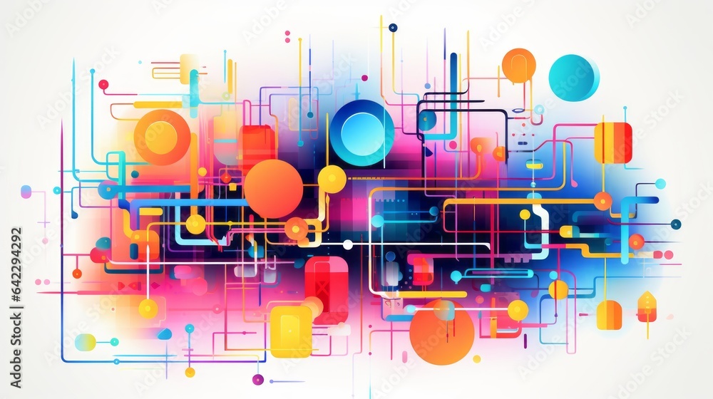 Abstract vector illustration, representing automated testing with dynamic shapes and vibrant colors