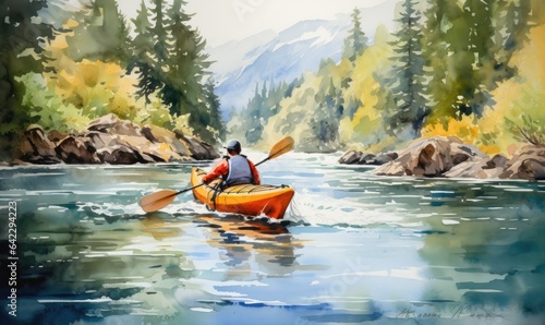 Fotografia A man paddling a canoe down a river