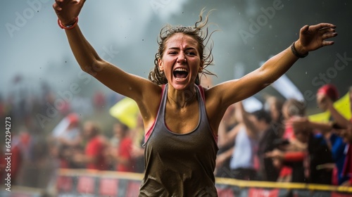 Runner crossing the finish line, arms raised in victory. You can feel their determination through their sweat-soaked face.