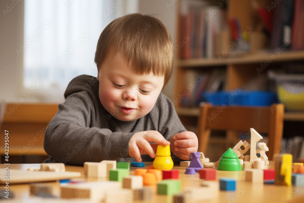 Boy with down syndrome three years old playing with toys Boy with down syndrome three years old playing with toys