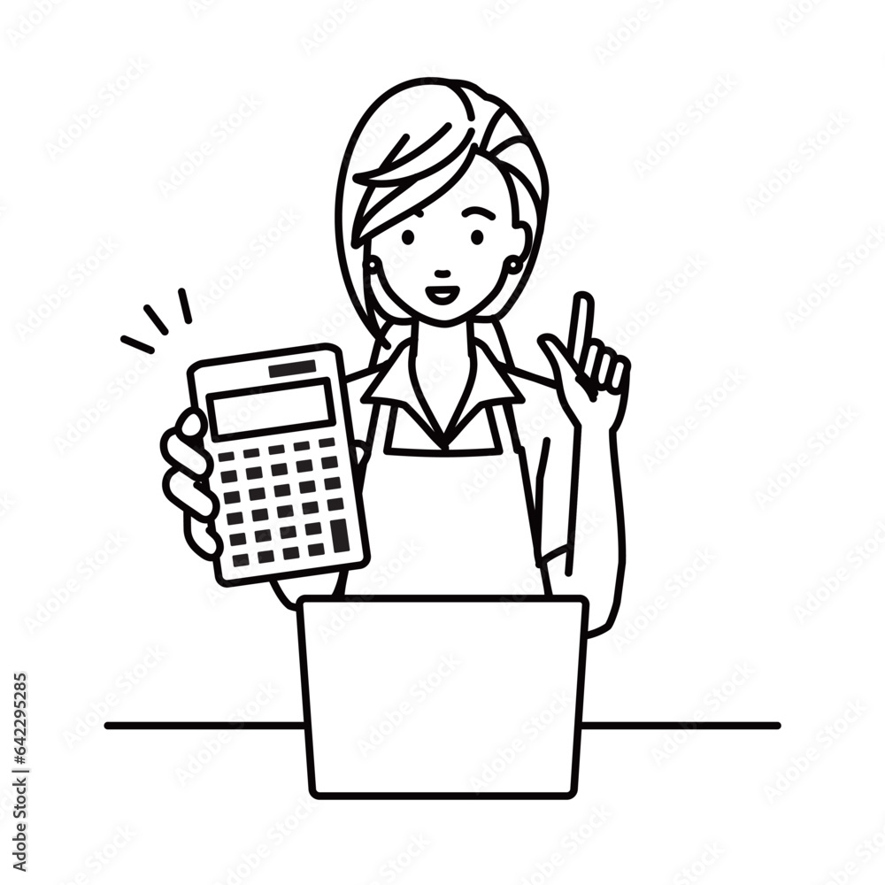 a woman in cafe apron recommending, proposing, showing estimates and pointing a calculator with a smile in front of laptop pc a woman in cafe apron recommending, proposing, showing estimates and pointing a calculator with a smile in front of laptop pc
