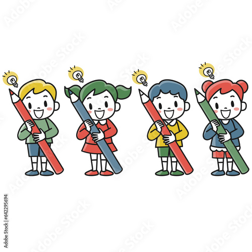 鉛筆を持っているひらめいた表情の男の子と女の子