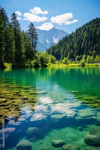 A serene and tranquil scene of a beautiful natural landscape  featuring a calm lake surrounded by lush greenery and majestic mountains in the background.