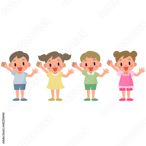 ガッツポーズをする笑顔の子どもたち