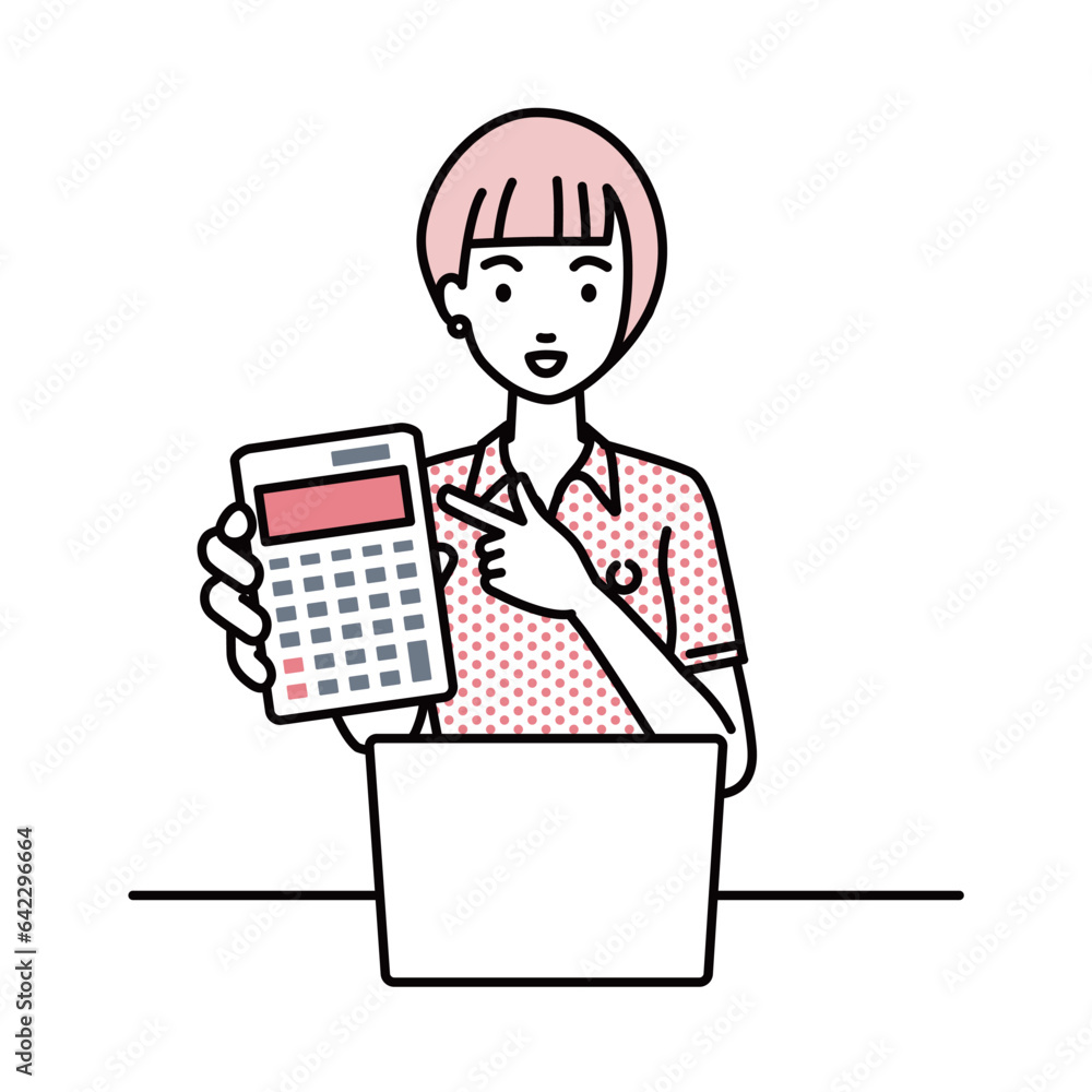 a woman in polo shirt recommending, proposing, showing estimates and pointing a calculator with a smile in front of laptop pc a woman in polo shirt recommending, proposing, showing estimates and pointing a calculator with a smile in front of laptop pc