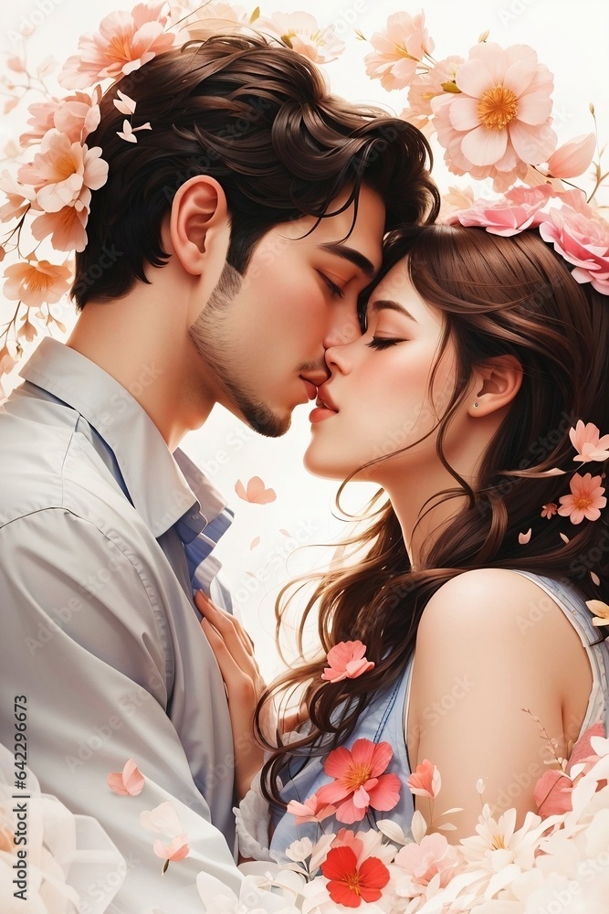 A beautiful illustration of two people in love, their lips meeting in a sweet and gentle kiss.