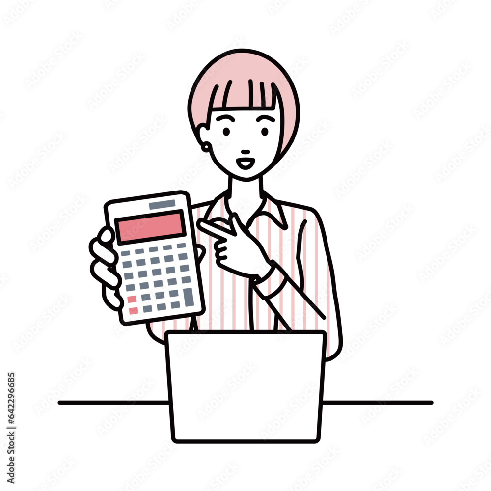 a woman in shirt work style recommending, proposing, showing estimates and pointing a calculator with a smile in front of laptop pc a woman in shirt work style recommending, proposing, showing estimates and pointing a calculator with a smile in front of laptop pc