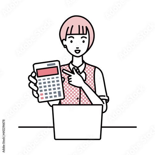 a woman in clerical uniform recommending, proposing, showing estimates and pointing a calculator with a smile in front of laptop pc