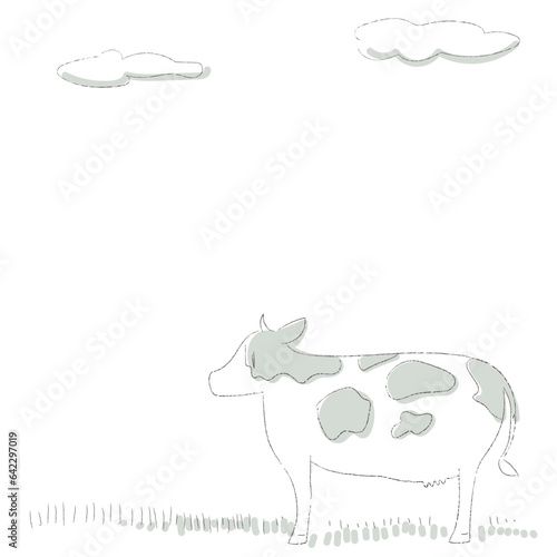 シンプルなタッチで描かれた草原と雲の中に空欄のある横向きの牛のベクターイラスト