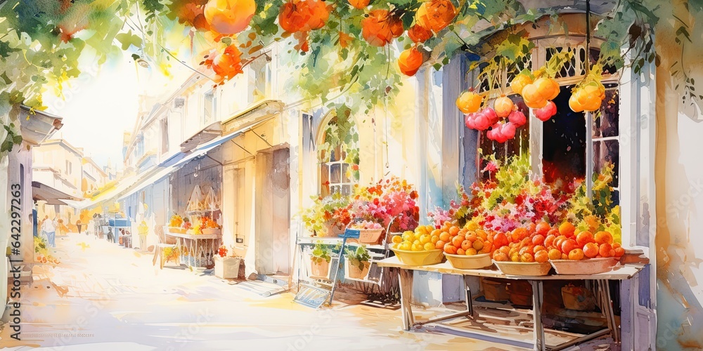 watercolor of fruits shop, generative AI - obrazy, fototapety, plakaty 