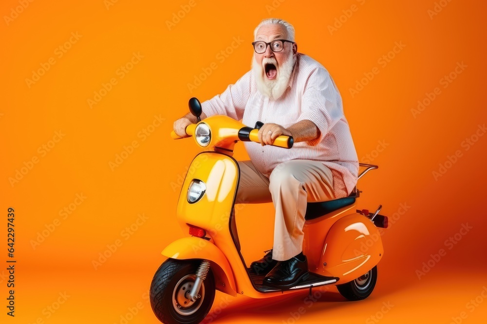 Funny elderly man riding scooter. Generative AI Funny elderly man riding scooter. Generative AI