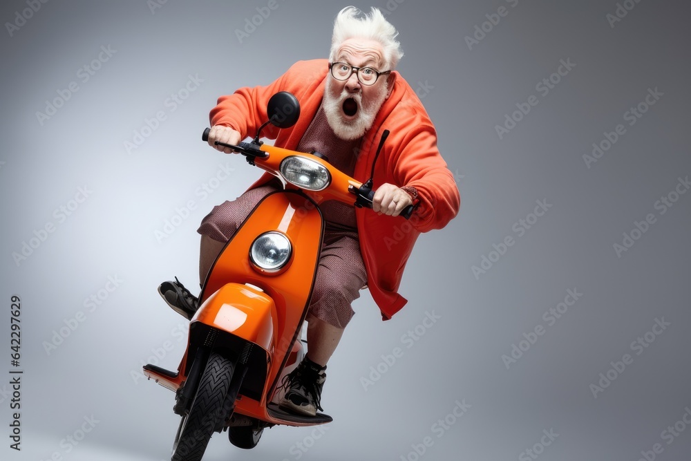 Funny elderly man riding scooter. Generative AI Funny elderly man riding scooter. Generative AI