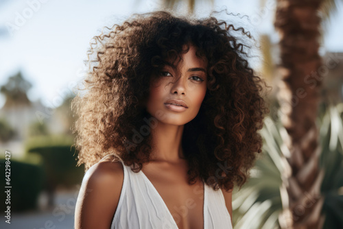 Young African American Woman with curly hair on holidays