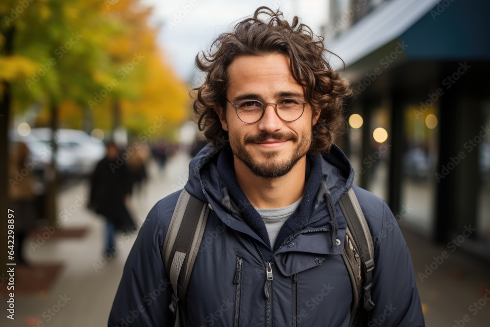 Happy and Stylish: Satisfied Man Wearing Trendy Glasses Outdoors Happy and Stylish: Satisfied Man Wearing Trendy Glasses Outdoors
