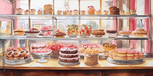 watercolor of cake shop, generative AI