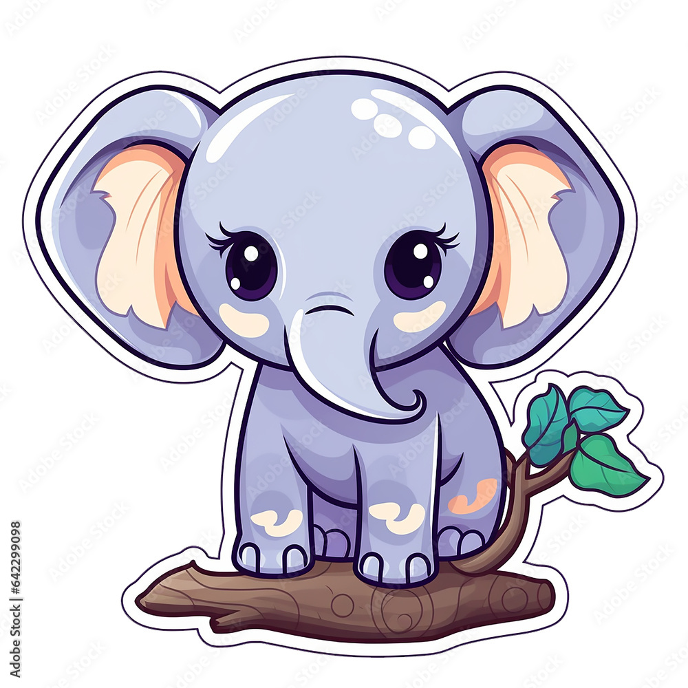 Obraz premium kawaii sticker, A cute Elephant stirring, designed with colorful contours and isolated