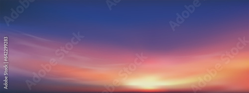 Sunset with sky blue, orange, yeloow,purple over sea,Vector Horizon nature cloud sky landscape of Sunrise in Morning,Wide Banner of Sunlight for four season background
